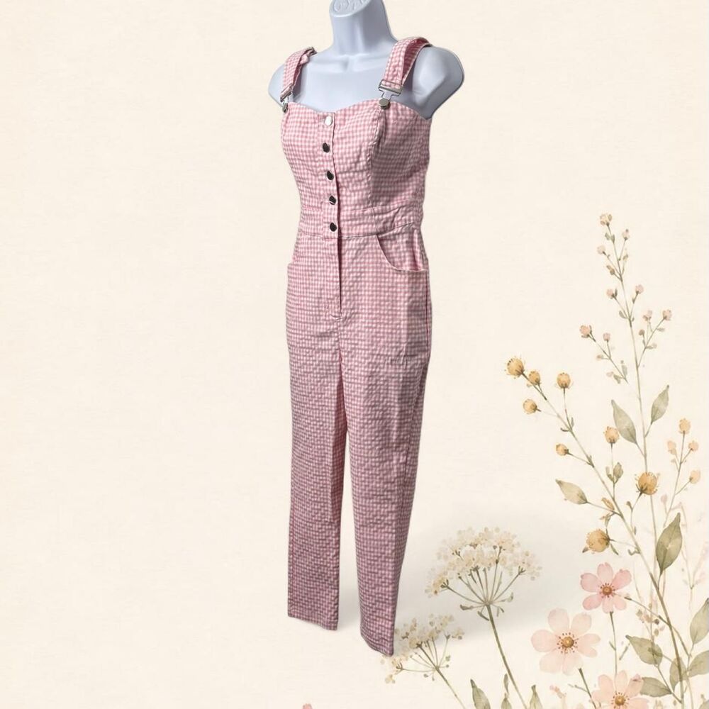 Unique Vintage Women's M (6-8) Pink Gingham Jumpsuit Button Front Pockets NWT